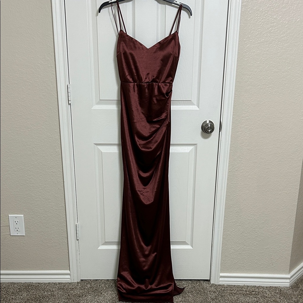 SOLD
Windsor Deep Red Wine Burgundy spaghetti strap Satin Ruched Slit Maxi Dress